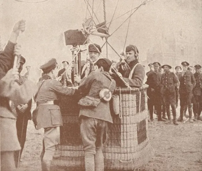 Framed Print : Canadian official cinematographer and assistant ready to ascend in a kite balloon, c1917 (1919) Framed Print : Canadian official cinematographer and assistant ready to ascend in a kite balloon, c1917 (1919)