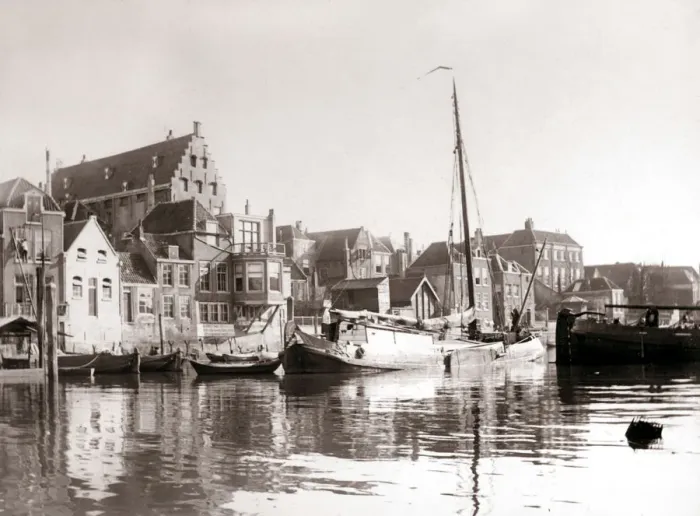 Framed Print : Canal boats, Dordrecht, Netherlands, 1898. Artist: James Batkin Framed Print : Canal boats, Dordrecht, Netherlands, 1898. Artist: James Batkin