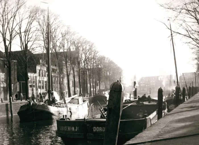 Framed Print : Canal boats, Dordrecht, Netherlands, 1898. Artist: James Batkin Framed Print : Canal boats, Dordrecht, Netherlands, 1898. Artist: James Batkin