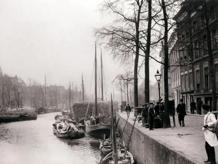 Framed Print : Canal boats, Rotterdam, 1898. Artist: James Batkin Framed Print : Canal boats, Rotterdam, 1898. Artist: James Batkin