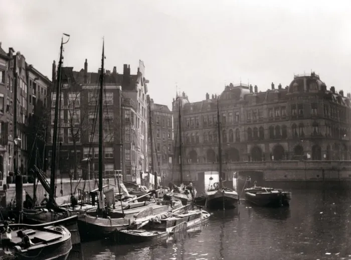 Framed Print : Canal boats, Rotterdam, 1898. Artist: James Batkin Framed Print : Canal boats, Rotterdam, 1898. Artist: James Batkin