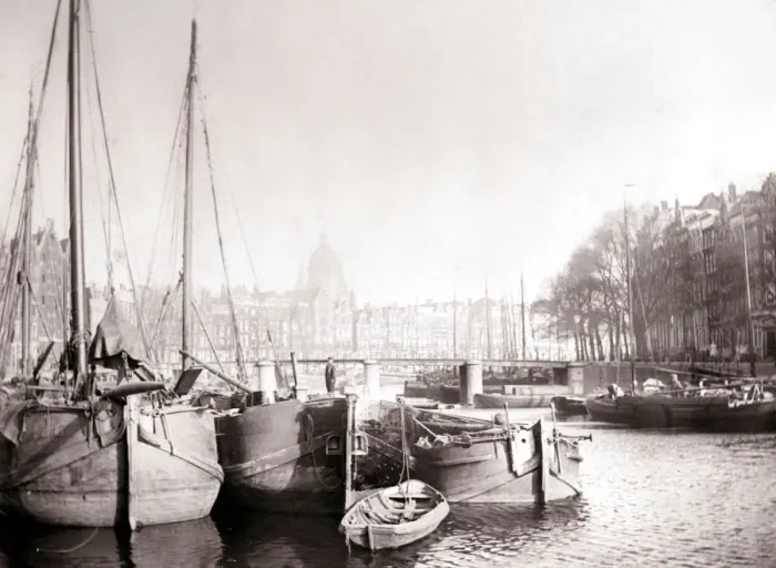Framed Print : Canal boats, Rotterdam, 1898. Artist: James Batkin Framed Print : Canal boats, Rotterdam, 1898. Artist: James Batkin