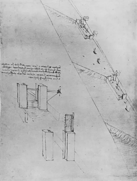 Framed Print : A Canal with Locks and Weirs, c1480 (1945). Artist: Leonardo da Vinci Framed Print : A Canal with Locks and Weirs, c1480 (1945). Artist: Leonardo da Vinci
