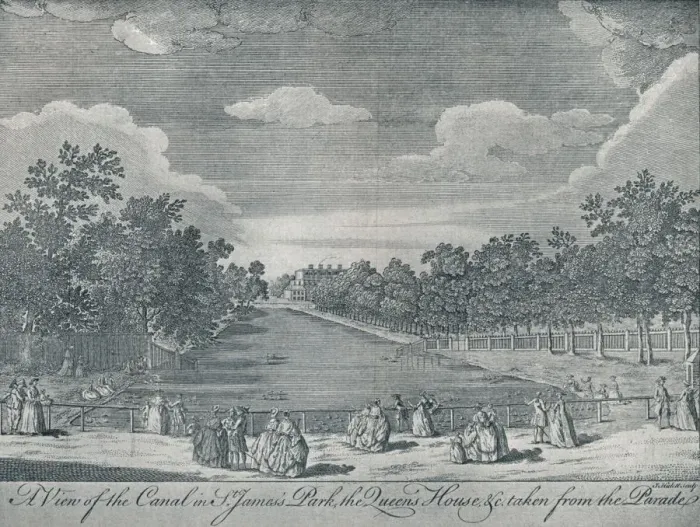 Framed Print : The Canal in St. Jamess Park with the Queens House taken from the Parade, 1794, (1910). Artists: Unknown, John Stevens Framed Print : The Canal in St. Jamess Park with the Queens House taken from the Parade, 1794, (1910). Artists: Unknown, John Stevens