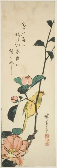 Framed Print : Canary and camellias, 1840s. Creator: Ando Hiroshige Framed Print : Canary and camellias, 1840s. Creator: Ando Hiroshige