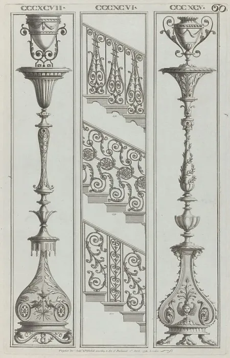 Framed Print : Candelabra Designs and Stair Railing Designs, nos. CCCXCV-CCCXCVII and 398-400 ('... April 1, 1792. Creator: Michelangelo Pergolesi. Candelabra Designs and Stair Railing Designs, nos. CCCXCV-CCCXCVII and 398-400 ('... April 1, 1792) Framed Print : Candelabra Designs and Stair Railing Designs, nos. CCCXCV-CCCXCVII and 398-400 ('... April 1, 1792. Creator: Michelangelo Pergolesi. Candelabra Designs and Stair Railing Designs, nos. CCCXCV-CCCXCVII and 398-400 ('... April 1, 1792)