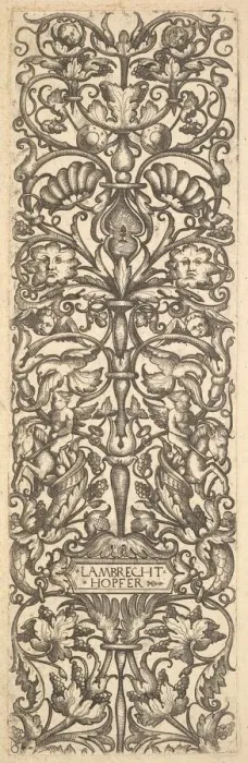 Framed Print : Candelabra with putti on goats at center, ca. 1525-50. Creator: Lambrecht Hopfer Framed Print : Candelabra with putti on goats at center, ca. 1525-50. Creator: Lambrecht Hopfer