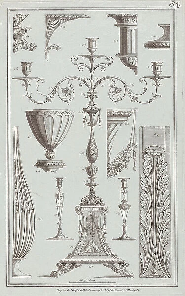 Candelabra, Vessels and Ornament, nos. 358-369 ('Designs for Various Ornaments, '... March 20, 1785. Creator: Michelangelo Pergolesi. Candelabra, Vessels and Ornament, nos. 358-369 ('Designs for Various Ornaments, '... March 20, 1785)