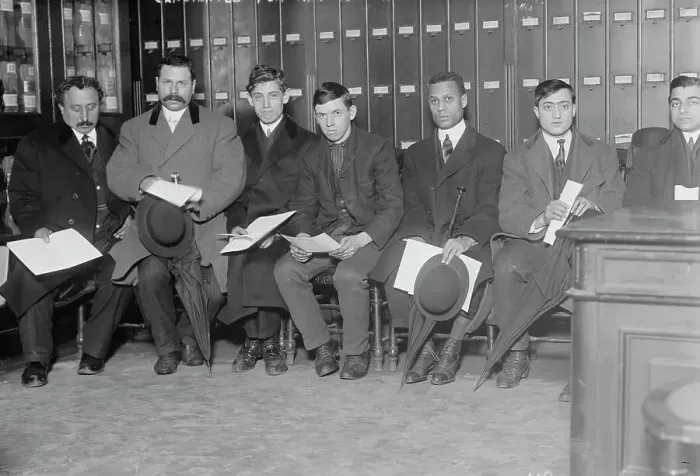 Framed Print : Candidates for naturalization seated with papers, 1910. Creator: Bain News Service Framed Print : Candidates for naturalization seated with papers, 1910. Creator: Bain News Service