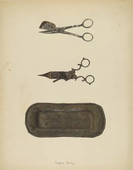 Framed Print : Candle Snuffer, Trimmer & Tray, c. 1937. Creator: Eugene Bartz. Candle Snuffer, Trimmer & Tray, c. 1937. Creator: Eugene Bartz Framed Print : Candle Snuffer, Trimmer & Tray, c. 1937. Creator: Eugene Bartz. Candle Snuffer, Trimmer & Tray, c. 1937. Creator: Eugene Bartz