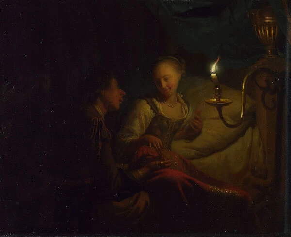 A Candlelight Scene. A Man offering a Gold Chain and Coins to a Girl seated on a Bed, ca. 1665-1667. Artist: Schalcken, Godfried Cornelisz (1643-1706)