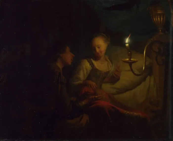 Framed Print : A Candlelight Scene. A Man offering a Gold Chain and Coins to a Girl seated on a Bed, ca. 1665-1667. Artist: Schalcken, Godfried Cornelisz (1643-1706) Framed Print : A Candlelight Scene. A Man offering a Gold Chain and Coins to a Girl seated on a Bed, ca. 1665-1667. Artist: Schalcken, Godfried Cornelisz (1643-1706)