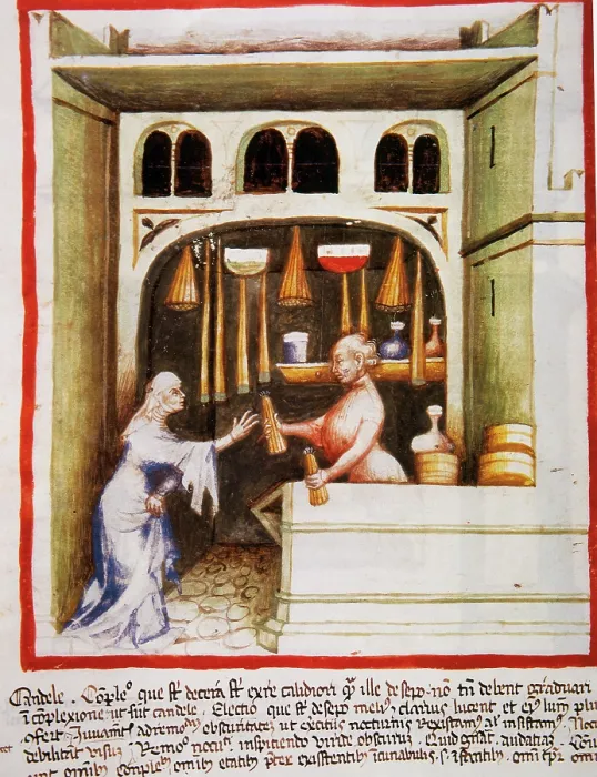 Framed Print : Candles selling, 14th century. Creator: Unknown Framed Print : Candles selling, 14th century. Creator: Unknown
