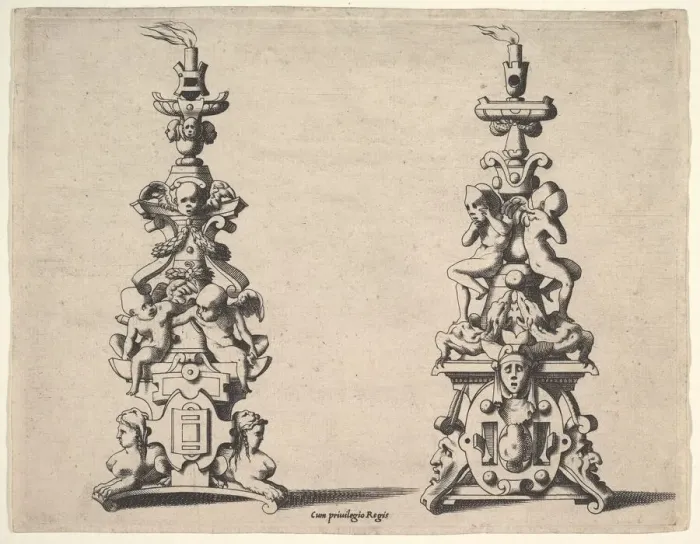 Framed Print : Two candlestick designs, ca. 1550-60. Creator: Rene Boyvin Framed Print : Two candlestick designs, ca. 1550-60. Creator: Rene Boyvin
