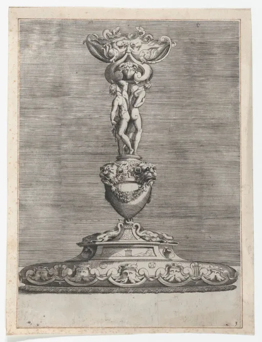 Framed Print : Candlestick with Two Ignudi on Top of a Vase with Lion Heads, 1552. 1552. Creator: Anon