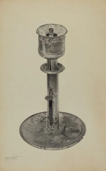 Framed Print : Candlestick / Whale Oil Lamp, c. 1939. Creator: Amelia Tuccio Framed Print : Candlestick / Whale Oil Lamp, c. 1939. Creator: Amelia Tuccio