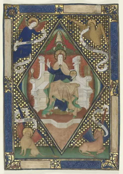 Framed Print : Canon Page from a Missal: Christ in Majesty with Evangelists, c. 1410. Creator: Unknown Framed Print : Canon Page from a Missal: Christ in Majesty with Evangelists, c. 1410. Creator: Unknown