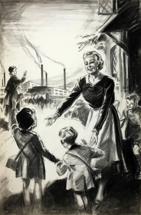Framed Print : If you can't go to the factory help the neighbour... WWII Childminding poster Framed Print : If you can't go to the factory help the neighbour... WWII Childminding poster