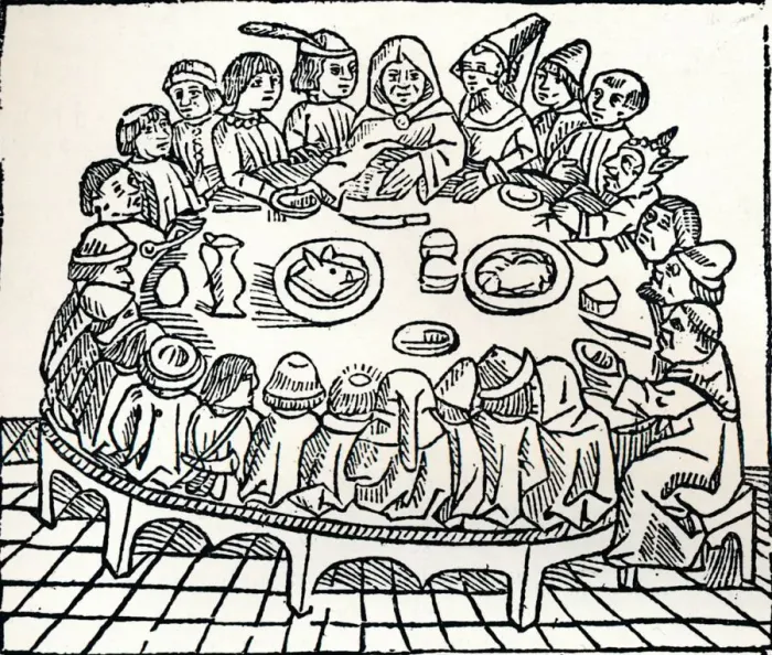 Framed Print : The Canterbury Pilgrims sitting down for a shared meal, 1485. Artist: William Caxton Framed Print : The Canterbury Pilgrims sitting down for a shared meal, 1485. Artist: William Caxton