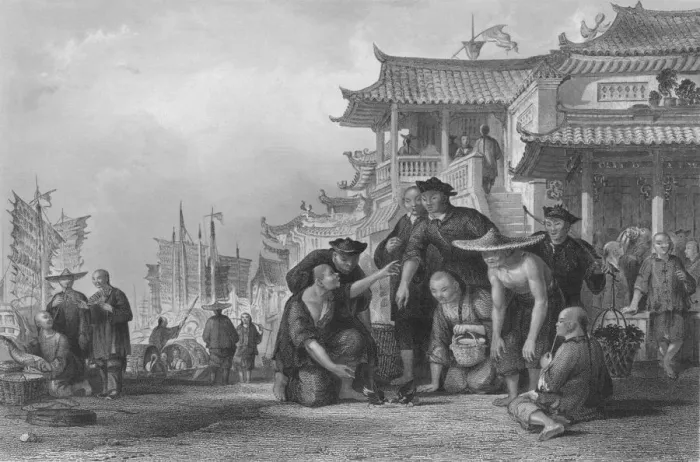Framed Print : Canton Barge-men fightng Quails, 1843. Artist: Augustus Fox Framed Print : Canton Barge-men fightng Quails, 1843. Artist: Augustus Fox