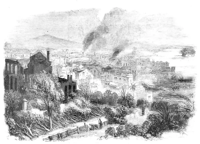 Framed Print : Canton and Part of the Suburbs, sketched during the Conflagration in the City, 1857. Creator: Unknown Framed Print : Canton and Part of the Suburbs, sketched during the Conflagration in the City, 1857. Creator: Unknown