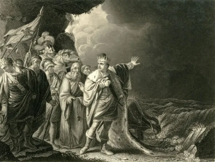 Framed Print : Canute reproving his Courtiers, c1840. Creator: Francis Holl Framed Print : Canute reproving his Courtiers, c1840. Creator: Francis Holl
