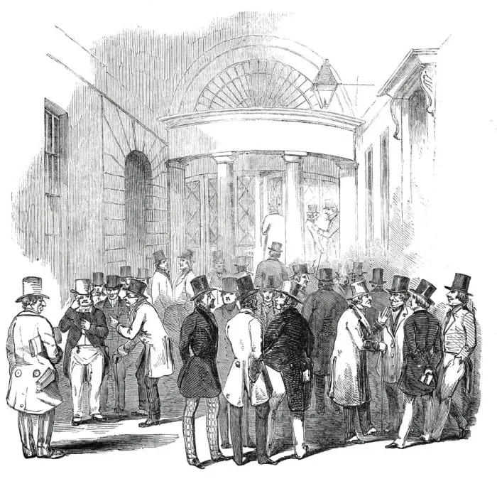 Framed Print : Capel Court - railway speculators, 1845. Creator: Unknown Framed Print : Capel Court - railway speculators, 1845. Creator: Unknown
