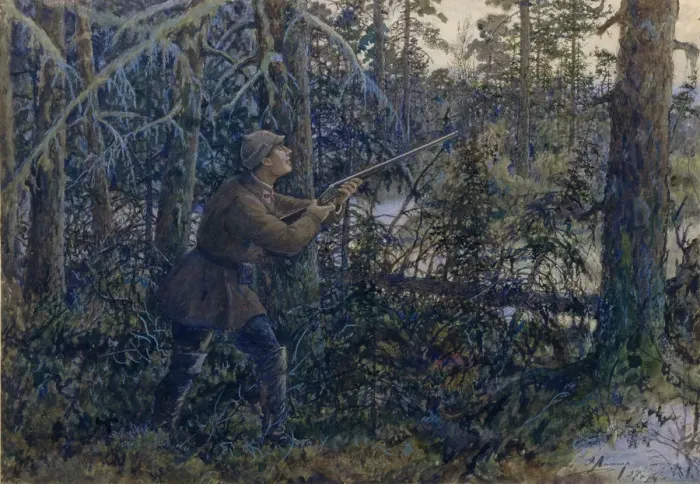 Framed Print : Capercaillie Hunting, 1937. Artist: Lissner, Ernest Ernestovich (1874-1941) Framed Print : Capercaillie Hunting, 1937. Artist: Lissner, Ernest Ernestovich (1874-1941)