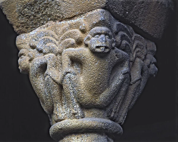 Capital of the cloister of the Cathedral of La Seu d Urgell, decorated with apes