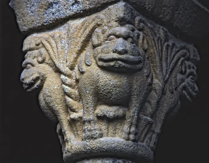 Framed Print : Capital of the cloister of the Cathedral of La Seu d Urgell, decorated with a lion Framed Print : Capital of the cloister of the Cathedral of La Seu d Urgell, decorated with a lion