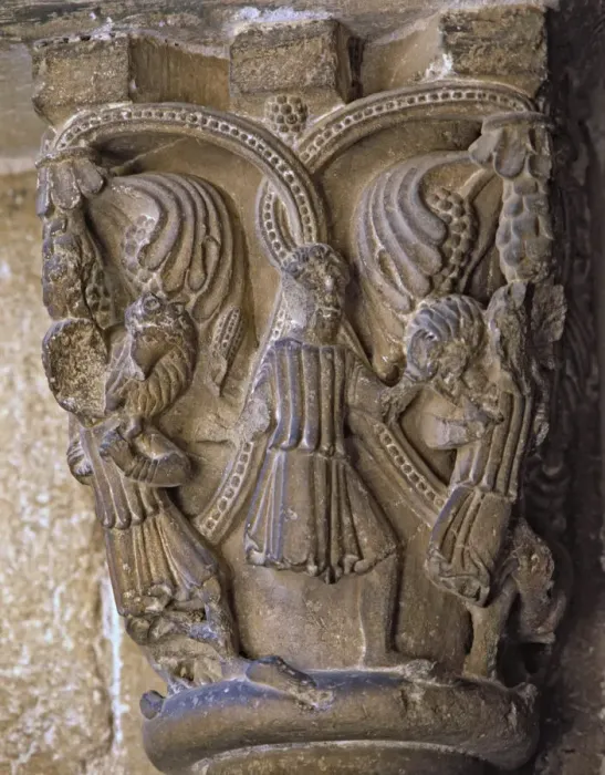 Framed Print : Capital decorated with the Good Shepherd with two figures on each side carrying a lamb Framed Print : Capital decorated with the Good Shepherd with two figures on each side carrying a lamb