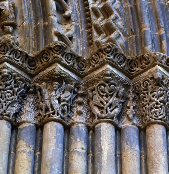 Framed Print : Capitals with arabesque ornamentation on the doorway of the church of Santa Maria de Agramunt Framed Print : Capitals with arabesque ornamentation on the doorway of the church of Santa Maria de Agramunt