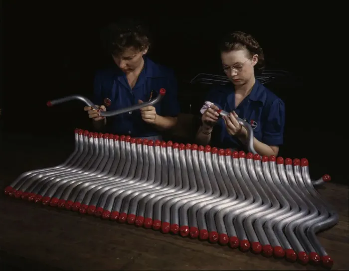 Framed Print : Capping and inspecting tubing: two women are shown... at Vultees Nashville division, Tennessee, 1943 Creator: Alfred T Palmer Framed Print : Capping and inspecting tubing: two women are shown... at Vultees Nashville division, Tennessee, 1943 Creator: Alfred T Palmer