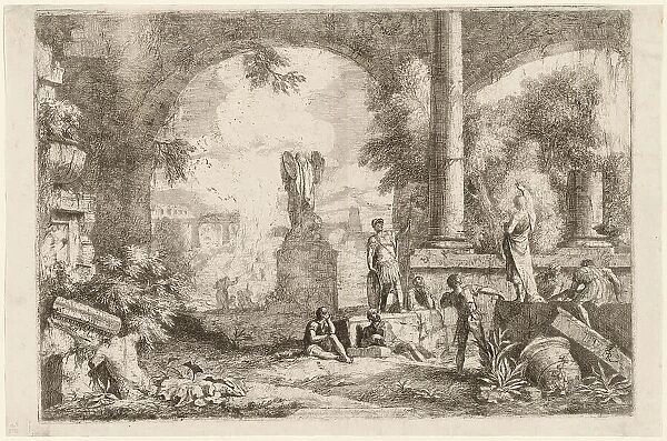 Capriccio of Antique Ruins with Men Gazing at a Classical Orator, 1720s. Creator: Marco Ricci