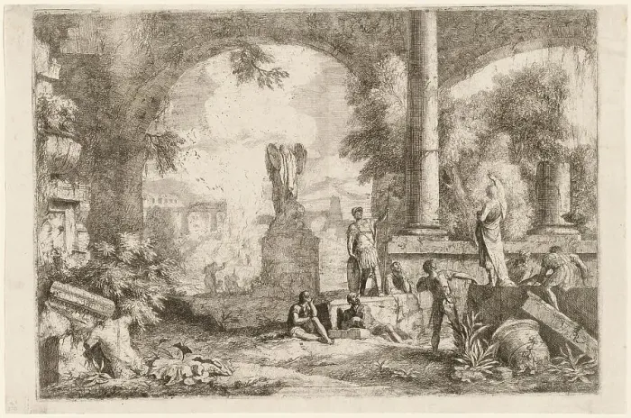 Framed Print : Capriccio of Antique Ruins with Men Gazing at a Classical Orator, 1720s. Creator: Marco Ricci Framed Print : Capriccio of Antique Ruins with Men Gazing at a Classical Orator, 1720s. Creator: Marco Ricci