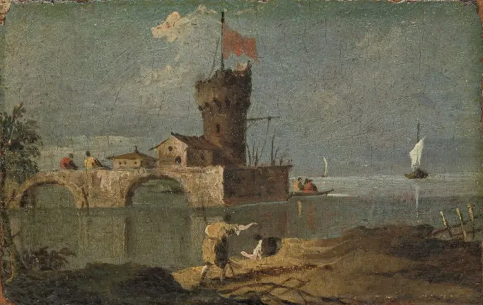 Framed Print : Capriccio with a Circular Tower, Two Houses, and a Bridge, 18th century. Creator: Unknown Framed Print : Capriccio with a Circular Tower, Two Houses, and a Bridge, 18th century. Creator: Unknown