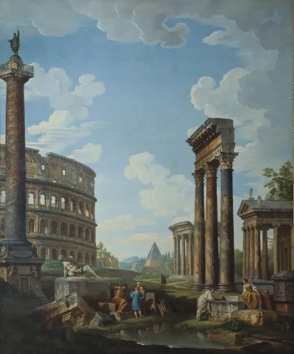 Framed Print : A capriccio with figures among Roman ruins including the Arch of Constantine and the Pantheon. Artist: Panini, Giovanni Paolo (1691-1765) Framed Print : A capriccio with figures among Roman ruins including the Arch of Constantine and the Pantheon. Artist: Panini, Giovanni Paolo (1691-1765)