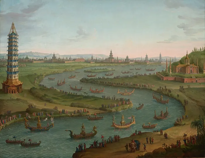 Framed Print : A capriccio with the French Ambassador approaching the King of Siam's Palace in a state barge Framed Print : A capriccio with the French Ambassador approaching the King of Siam's Palace in a state barge
