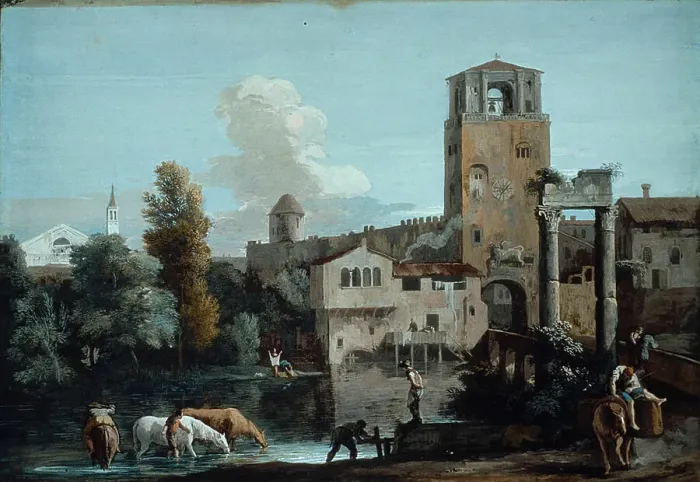 Framed Print : A Capriccio with Horses Watering in a River Outside a Walled Town, c.1720. Creator: Marco Ricci Framed Print : A Capriccio with Horses Watering in a River Outside a Walled Town, c.1720. Creator: Marco Ricci