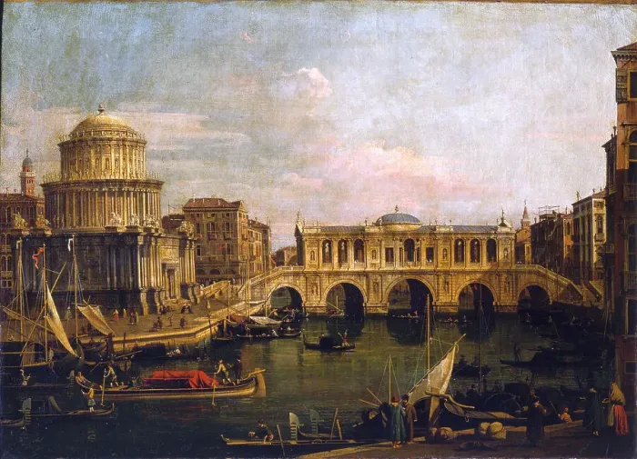 Framed Print : Capriccio with an imaginary bridge over the Grand Canal, Mid-18th century. Creator: Canaletto (1697-1768) Framed Print : Capriccio with an imaginary bridge over the Grand Canal, Mid-18th century. Creator: Canaletto (1697-1768)