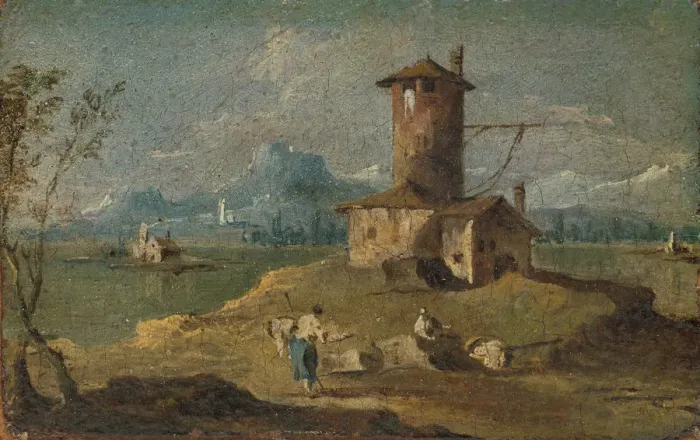 Framed Print : Capriccio with an Island, a Tower, and Houses, 18th century. Creator: Unknown Framed Print : Capriccio with an Island, a Tower, and Houses, 18th century. Creator: Unknown