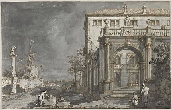 Capriccio: A Palace with a Courtyard by the Lagoon, c. 1750-1755. Creator: Antonio Canaletto