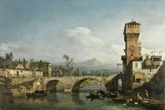 Framed Print : Capriccio with a River and Bridge, 1745. Creator: Bernardo Bellotto Framed Print : Capriccio with a River and Bridge, 1745. Creator: Bernardo Bellotto