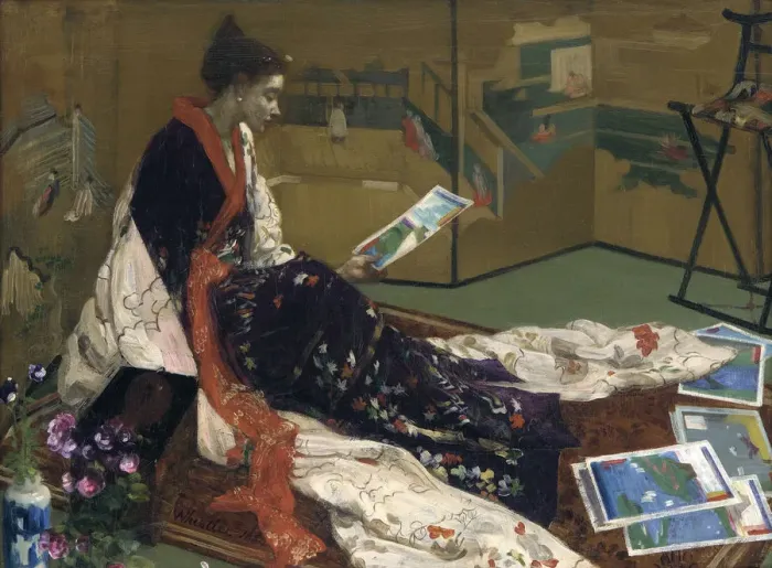 Framed Print : Caprice in Purple and Gold: The Golden Screen, 1864. Artist: Whistler, James Abbott McNeill (1834-1903) Framed Print : Caprice in Purple and Gold: The Golden Screen, 1864. Artist: Whistler, James Abbott McNeill (1834-1903)