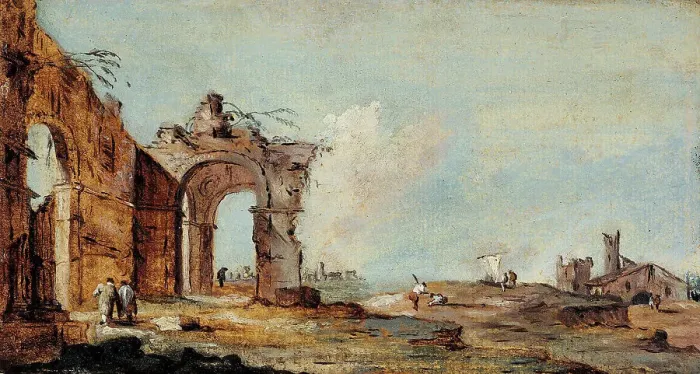 Framed Print : Caprice, with ruined arch and fishermen's houses. Creator: Francesco Guardi Framed Print : Caprice, with ruined arch and fishermen's houses. Creator: Francesco Guardi