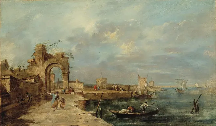 Framed Print : Caprice, with a ruined arch and seaport. Creators: Francesco Guardi, School of Venice Framed Print : Caprice, with a ruined arch and seaport. Creators: Francesco Guardi, School of Venice