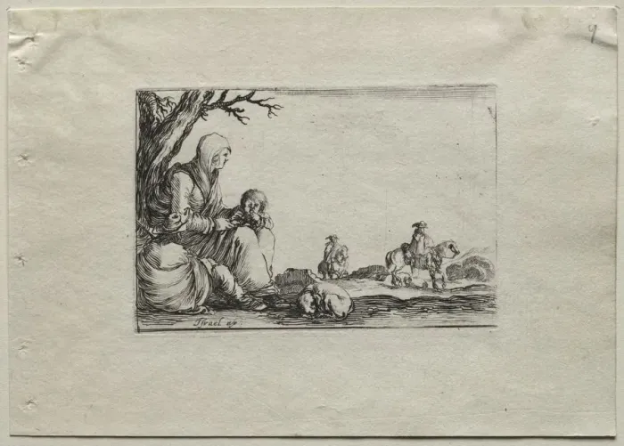 Framed Print : Caprices: Seated Beggar Woman with Two Children. Creator: Stefano Della Bella (Italian, 1610-1664) Framed Print : Caprices: Seated Beggar Woman with Two Children. Creator: Stefano Della Bella (Italian, 1610-1664)