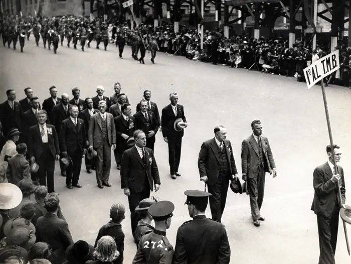 Framed Print : Capt Frank Page MC (with walking stick), Anzac Day march, year unknown. Creator: Unknown Framed Print : Capt Frank Page MC (with walking stick), Anzac Day march, year unknown. Creator: Unknown