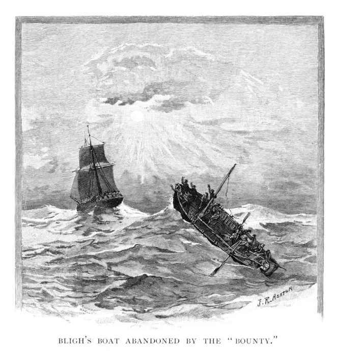 Framed Print : Captain Blighs boat abandoned by the Bounty, 1789 (1886). Artist: JR Ashton Framed Print : Captain Blighs boat abandoned by the Bounty, 1789 (1886). Artist: JR Ashton