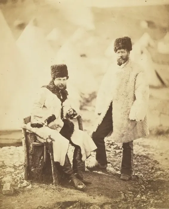 Framed Print : Captain Brown, 4th Light Dragoons and Servant, in Winter Dress. 1855. Creator: Roger Fenton Framed Print : Captain Brown, 4th Light Dragoons and Servant, in Winter Dress. 1855. Creator: Roger Fenton